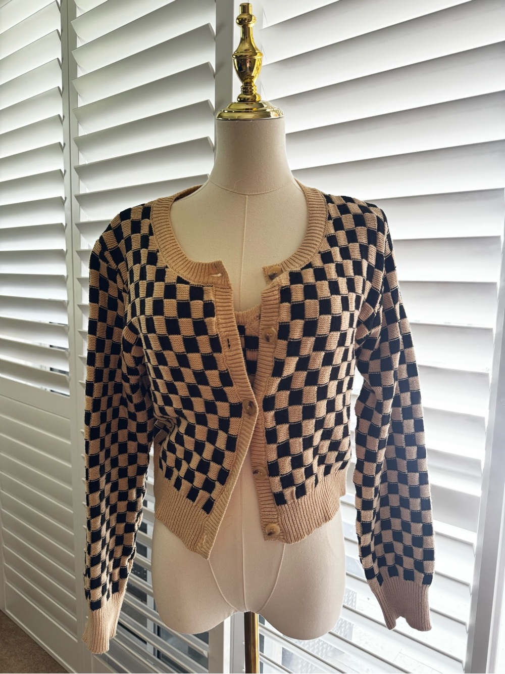 Checkerboard Knit Cardigan Sweater with Matching Crop Top - Tan & Black
